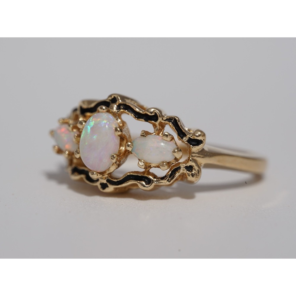 Vintage 14k Solid Yellow Gold Three Stone Natural White Opal Ring Size 5.75 4.3g - Picture 10 of 11